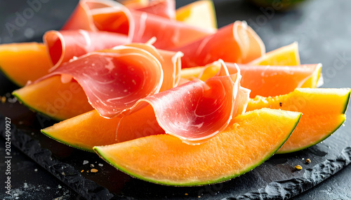 Cantaloupe melon slices with prosciutto ham on a dark slate serving board