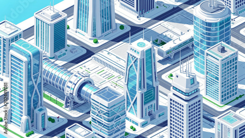 Fotografía Isometric futuristic cityscape with modern skyscrapers and transportation hub