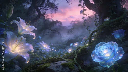 Lilies and Roses Glow in the Mysterious Fantasy Forest