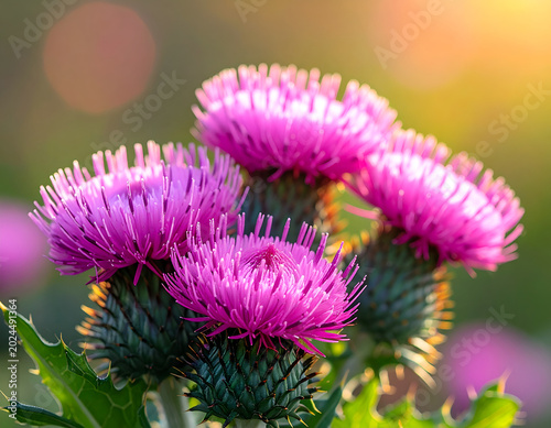 Close-up of Vibrant Pink Thistle Flowers Blooming in a Sunny Meadow.