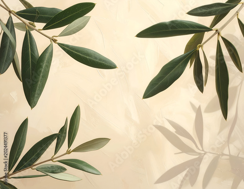 Olive Branches with Soft Shadows on Textured Background.