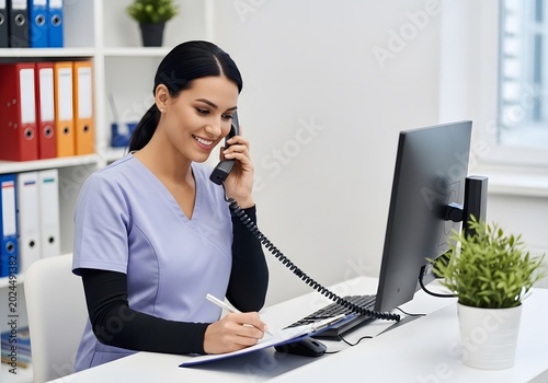 A friendly female nurse in scrubs talking on a phone and writing in a bright medical office setting.