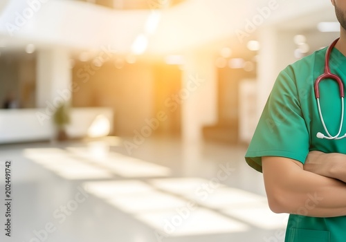A professional male doctor standing with arms crossed in a bright hospital lobby with warm sunlight