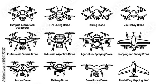 Creative drone icon collection vector in editable stroke style for modern aviation technology design