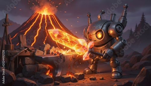 Illustration of a Steampunk Robot Forging a Fire Crystal Sword with an Erupting Volcano in the Background