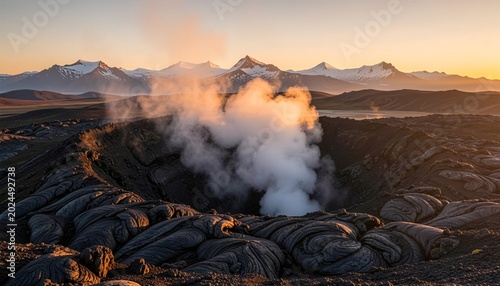 Active Volcanic Crater with Billowing Smoke Against a Snow-Covered Mountains Backdrop at Sunrise