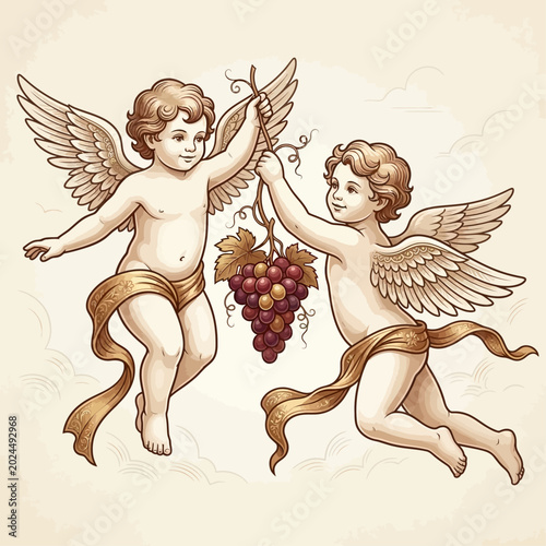 Εκτύπωση καμβά Two cherubs holding grapes, floating in air with wings spread wide outdoors