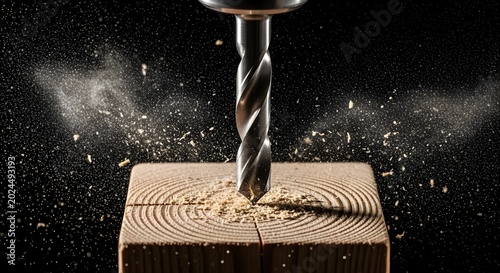 Sharp Twist Drill Bit Piercing Wooden Block with Burst of Sawdust