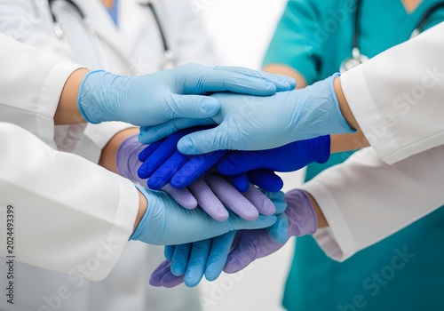 A Diverse Medical Team Stacking Gloved Hands in a Hospital Setting with Professional Bright Lighting