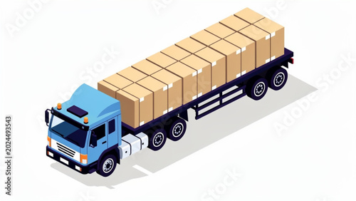 Photos Blue truck carrying many boxes on trailer, logistics and delivery concept