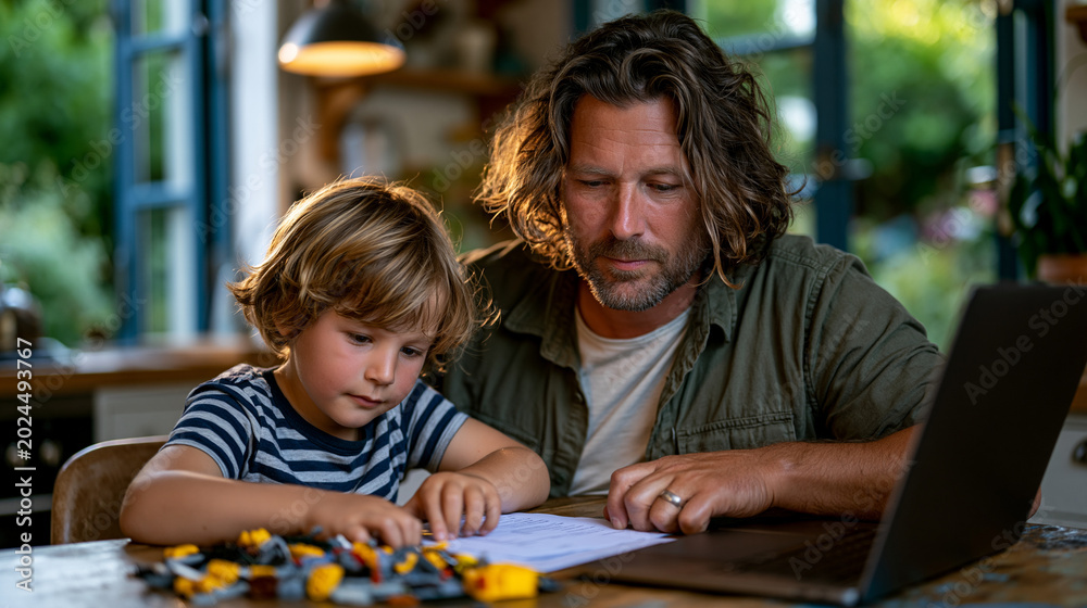 Fototapeta premium Father and son workation scene at a rustic kitchen table, dad answering emails while son arranges LEGO bricks beside the laptop, summer garden visible through open doors, ideal for remote work famil