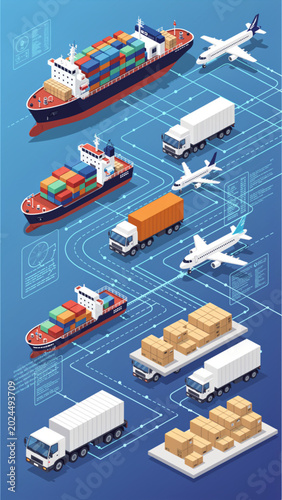 Schilderij op canvas Global Logistics Network: Cargo Ships, Trucks, Airplanes, and Shipping Container
