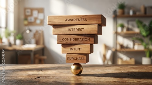 Wooden blocks forming a marketing funnel concept on a desk