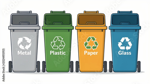 Photos Four recycling bins for metal, plastic, paper, and glass in different colors