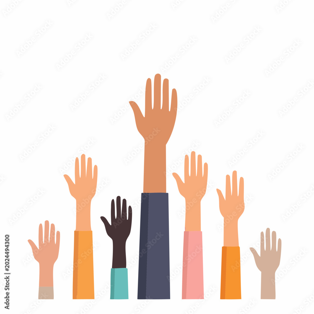Fototapeta premium Diverse hands raised in unity colorful illustration
