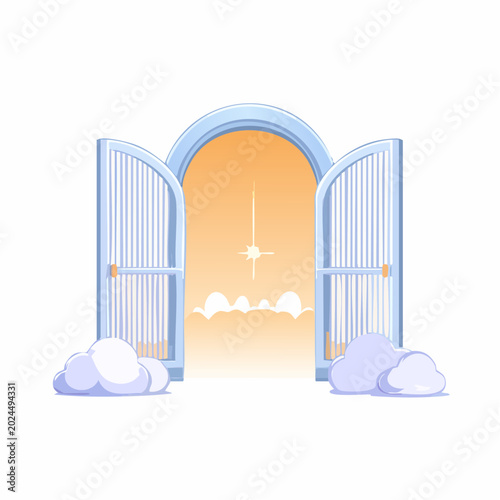open blue doors to heaven with clouds and star