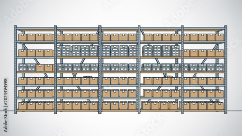 Warehouse shelving units filled with cardboard boxes on grey background
