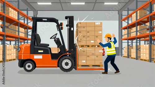 Tableau sur toile Forklift stacks boxes in warehouse, worker in safety vest dodges falling cargo