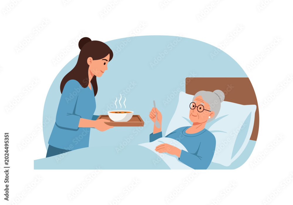 Obraz premium Young woman serving meal to elderly woman in hospital bed