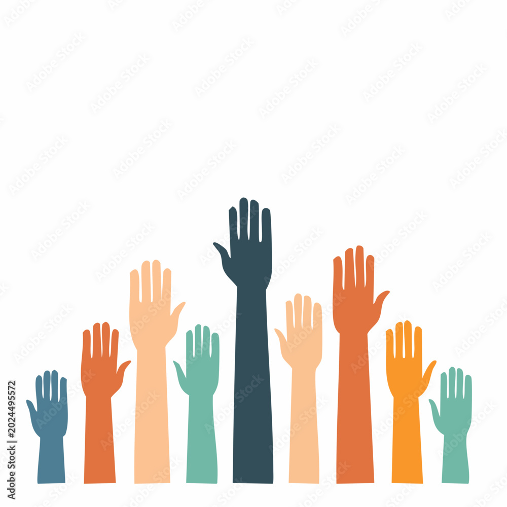 Fototapeta premium Colorful raised hands in different skin tones and colors
