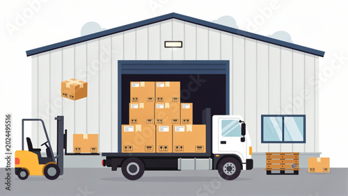 Forklift loading boxes onto truck at warehouse, logistics and delivery concept