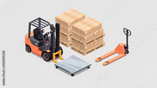Canvas-taulu Miniature industrial forklift transporting cardboard boxes on gray background fo