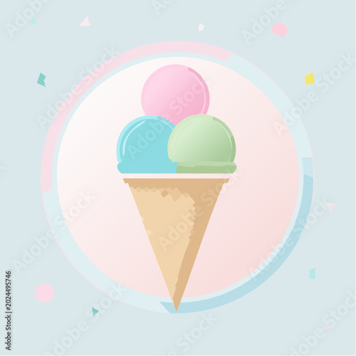 Colorful ice cream cone with three scoops in pastel colors