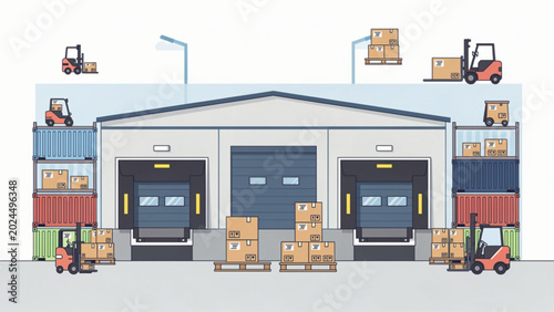 фотографія Warehouse with loading docks and forklifts handling cardboard boxes in logistics