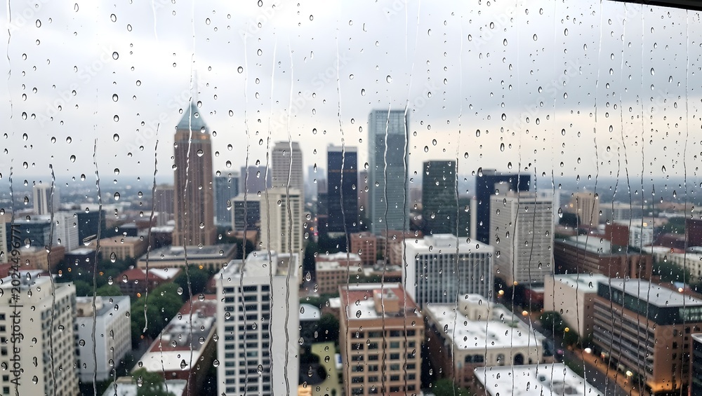 Fototapeta premium City skyline through rain-covered window