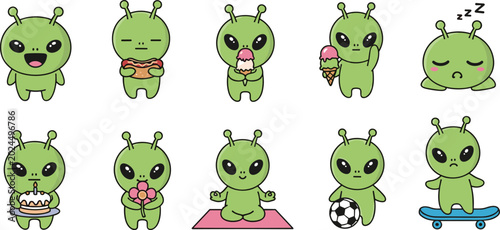 Bild auf Leinwand cute green alien vector icon set featuring cartoon character emoji stickers doin