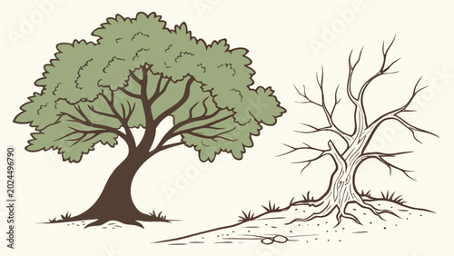 Photography Lush oak tree alongside withered bare branch structure representing life cycle