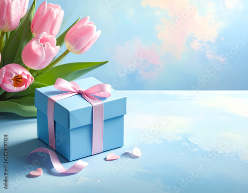 Beautiful Pink Tulips and Blue Gift Box on a Light Blue Background.