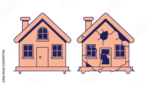 Intact house and damaged house with cracked walls and broken windows.