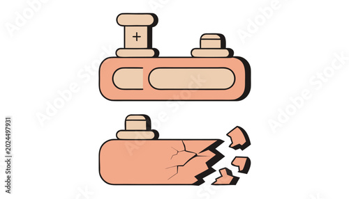 Photos Damaged and intact battery unit icons with plus sign.