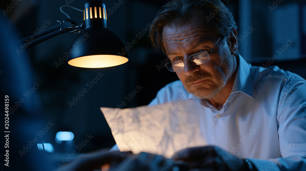 Fototapeta premium Over the shoulder view of a freelancer reviewing a hand annotated profit and loss ledger at a scratched wooden desk, receipts pinned to a corkboard behind her, early morning mist visible through the