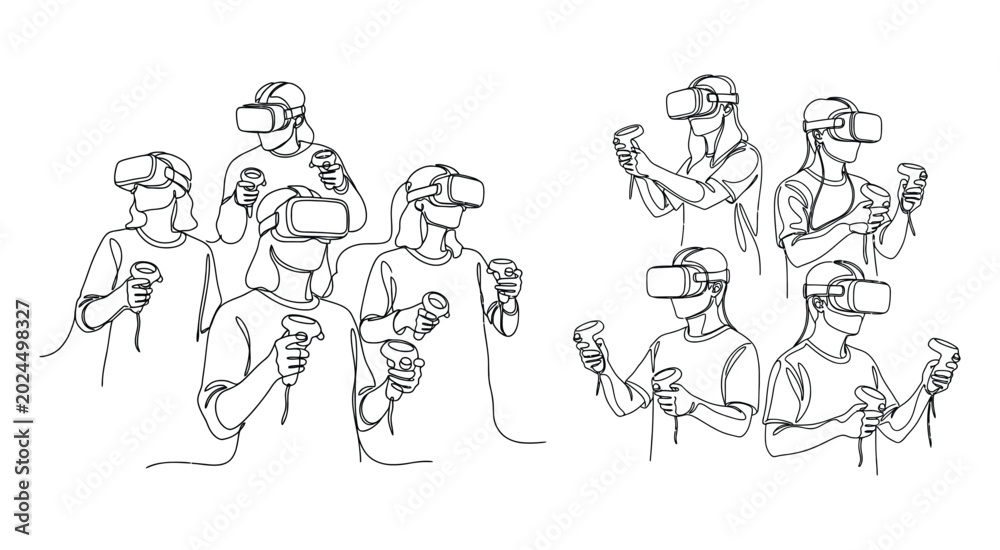 Obraz premium Group of people wearing virtual reality headsets holding controllers line art