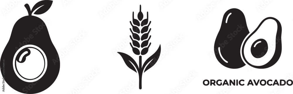 Fototapeta premium Black icons of avocado and wheat