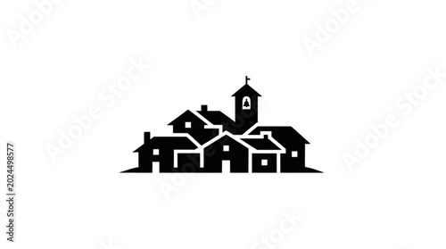 Foto Bold Flat Graphic Village Silhouette Logo with Church Bell Tower and Cross