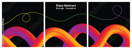 Abstract flowing ribbon design in vibrant gradient colors against a black background with thin wavy lines