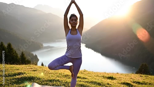 Young woman practices yoga Tree Pose overlooking mountain lake at sunrise