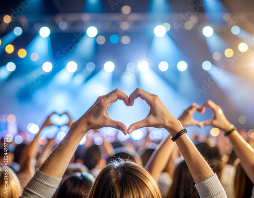 A pair of hands forms a heart shape above a vibrant concert crowd illuminated by dazzling stage lights.