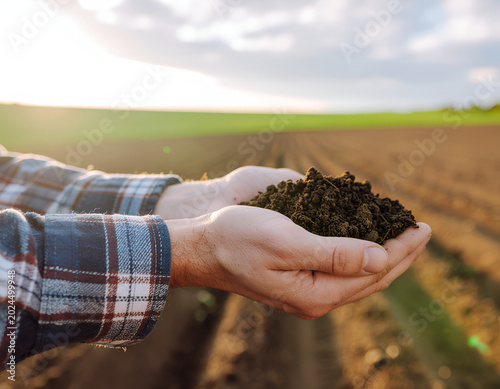 A person holds a handful of rich, dark soil against a backdrop of a freshly plowed field under a bright, slightly cloudy sky, symbolizing growth and agriculture.