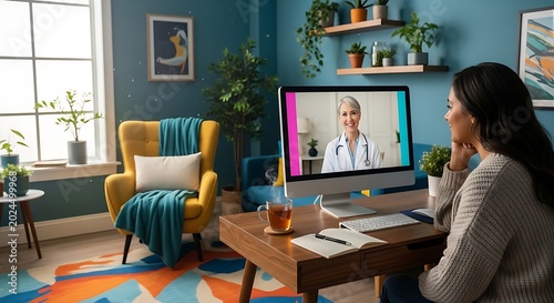 Telemedicine Concept: Patient Consulting Doctor via Video Call on Computer Screen. Digital Healthcare Illustration.