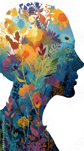 Abstract illustration of a human head silhouette with colorful flowers blooming inside, Generative AI illustrations.