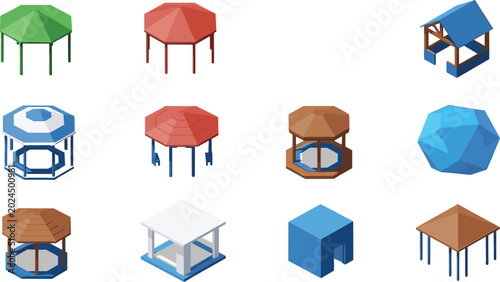 Photos isometric gazebo vector icon set featuring colorful garden pavilions pergolas pa