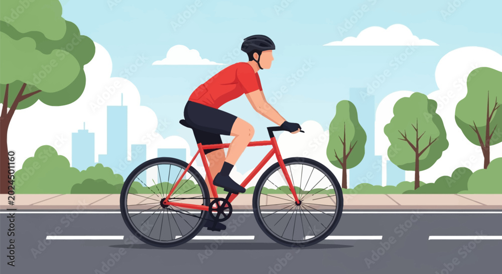 Fototapeta premium Flat vector illustration of a male cyclist wearing a red shirt and black helmet riding a red road bike on a city street with green trees and urban skyline under a blue sky.