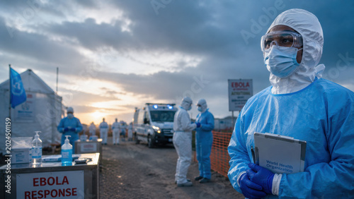 Ebola virus, global health security. Ebola response medical worker protective suit face mask safety goggle quarantine zone field hospital