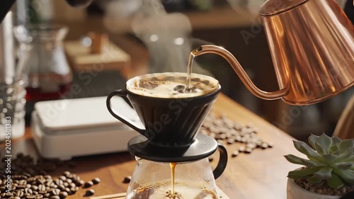 Fresh pour-over coffee brewing on wooden counter