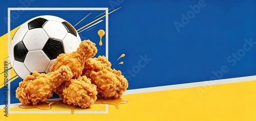Crispy fried chicken pieces paired with a soccer ball,  Ideal for sports bar promotions, World Cup viewing party ads, game night food visuals, and football-themed food and beverage design projects.