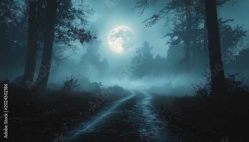Full moon shines brightly over a dark mysterious forest path filled with thick heavy evening fog